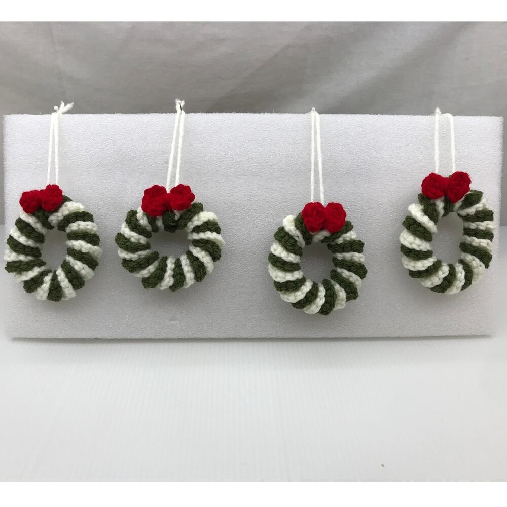 Handmade Crochet Christmas Green Wreath Set of 4 Hanging Tree Ornaments